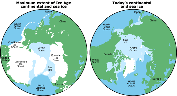 maps showing ice coverage during Ice Age and today